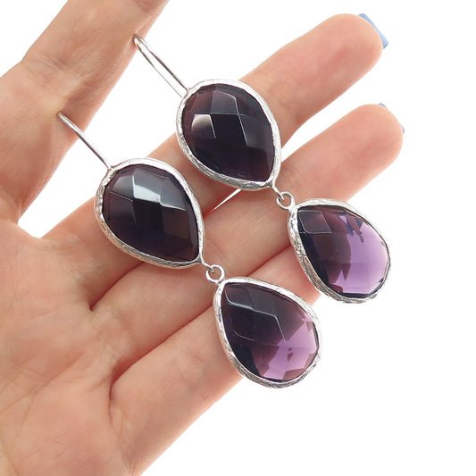 925 Sterling Silver Real Pear-Cut Amethyst Dangle Earrings