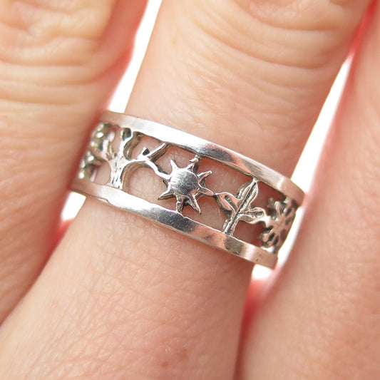 925 Sterling Silver Vintage Sun Tree Floral Snowflake Band Ring Size 9.25