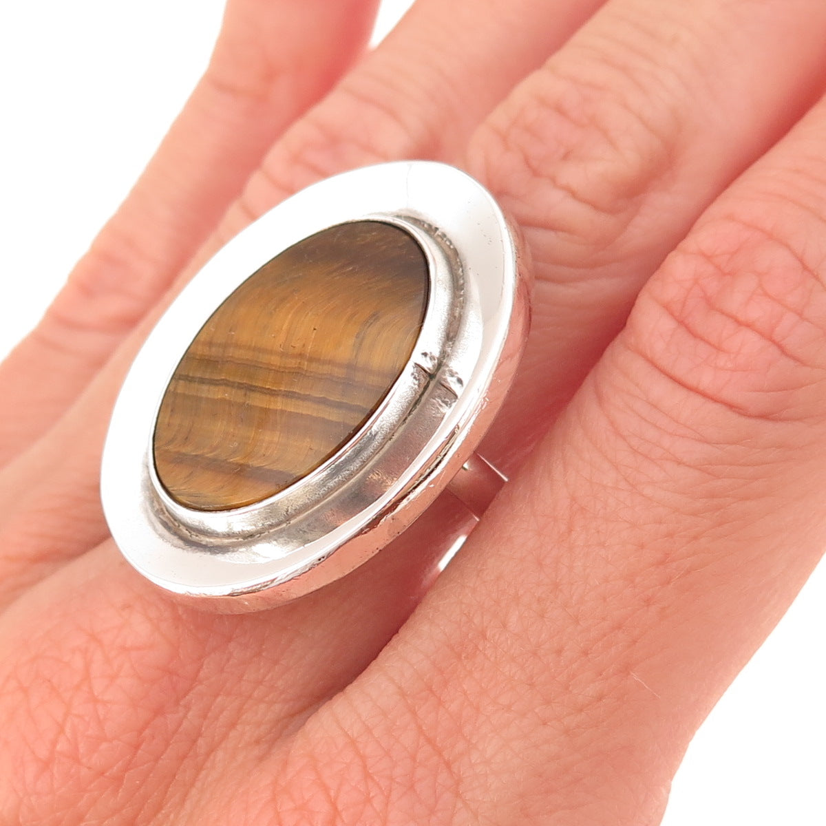 925 Sterling Silver Vintage Mexico Real Tiger Eye Modernist Ring Size 8.75