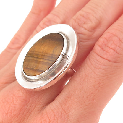 925 Sterling Silver Vintage Mexico Real Tiger Eye Modernist Ring Size 8.75