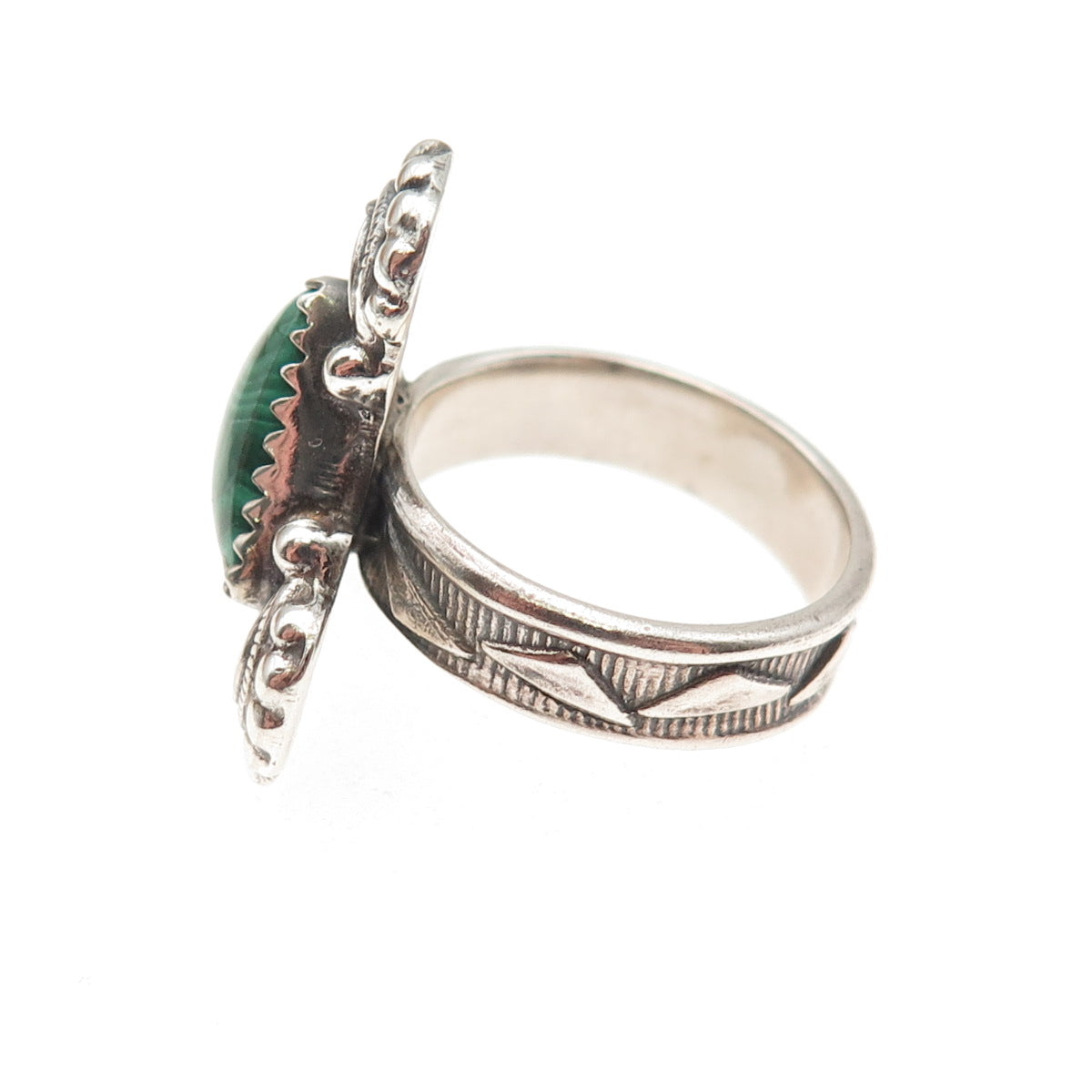 925 Sterling Silver Vintage Real Malachite Modernist Triangle Ring Size 6.75