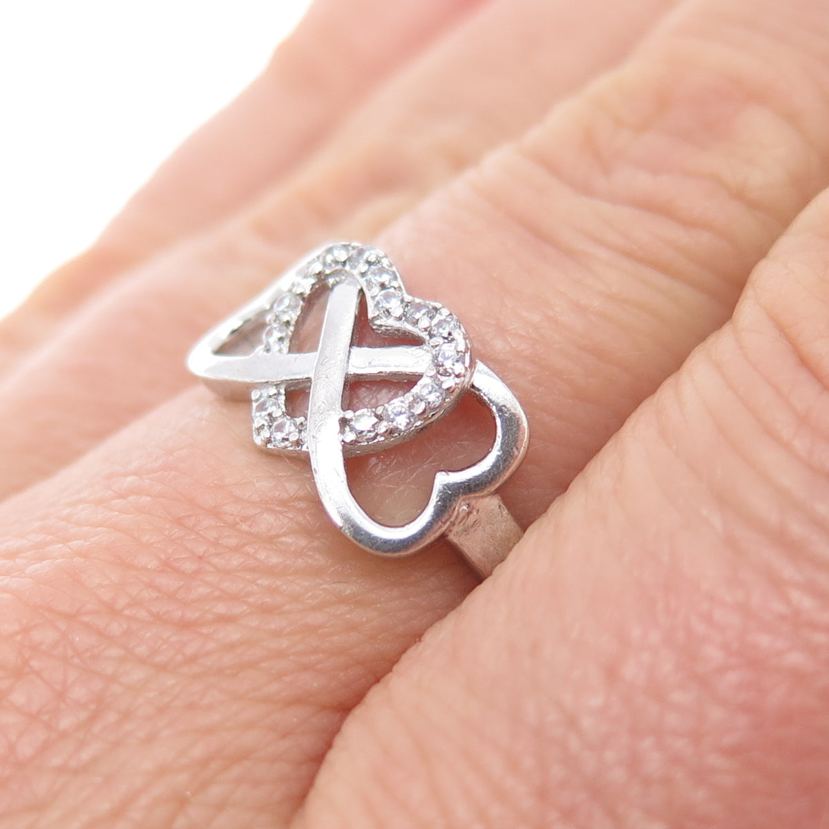 925 Sterling Silver Round-Cut C Z Interlocked Heart Infinity Ring Size 7