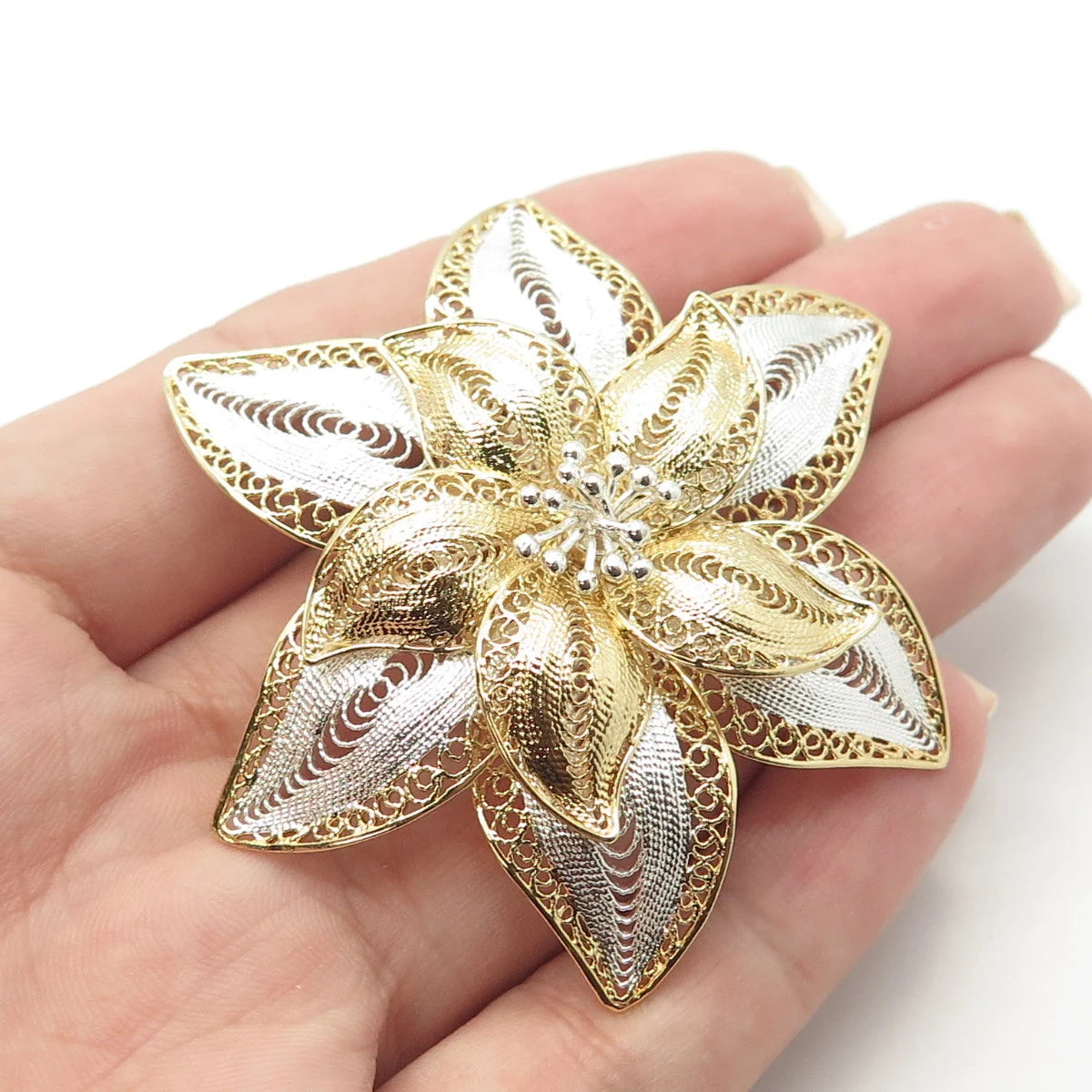 925 Sterling Silver 2-Tone Vintage Filigree Floral Pin Brooch