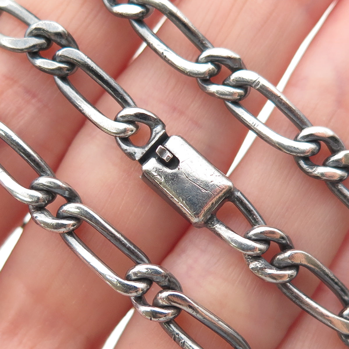 925 Sterling Silver Vintage Mexico Figaro Chain Oxidized Necklace 22"