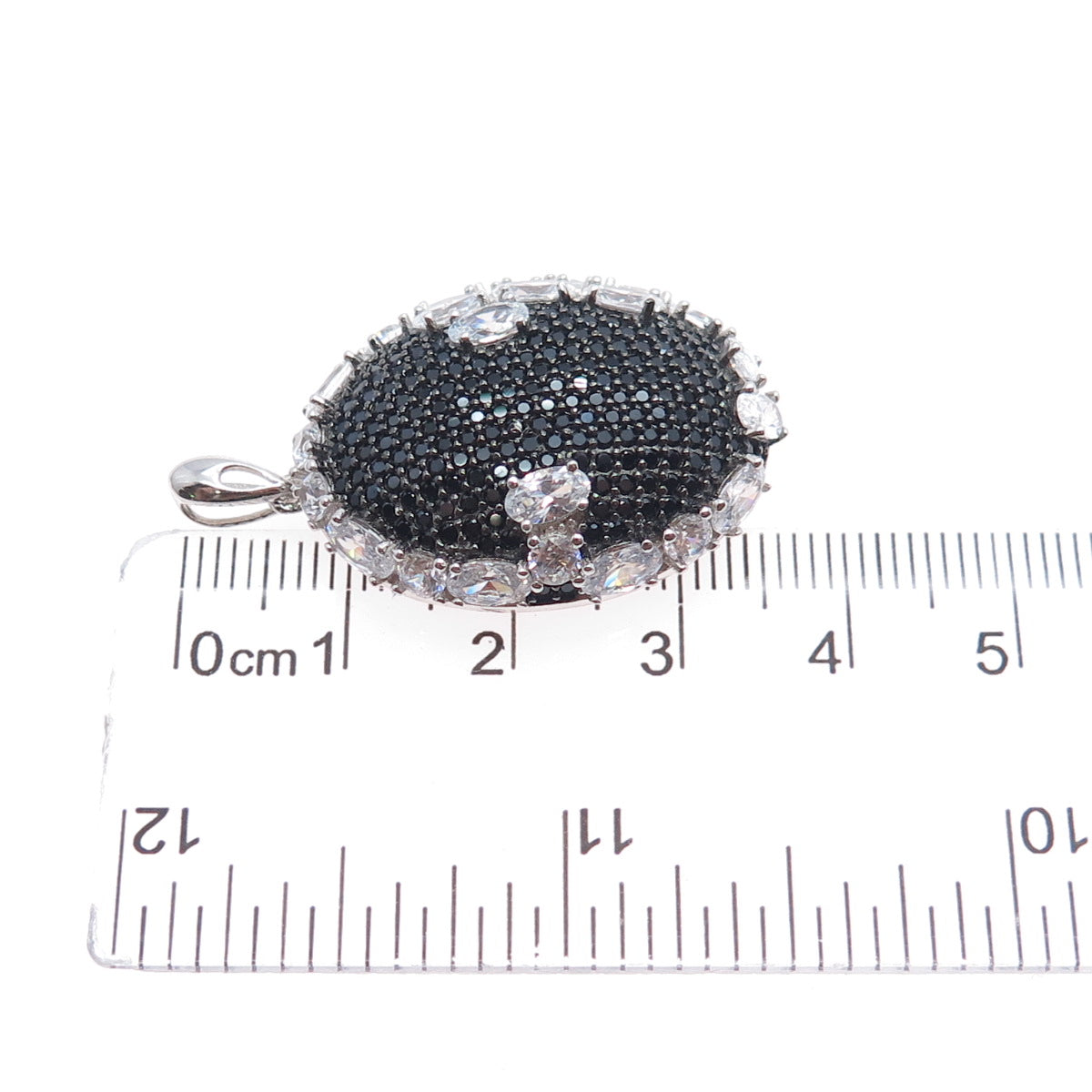 925 Sterling Silver Real Round-Cut Black Spinel & Oval-Cut C Z Charm Pendant