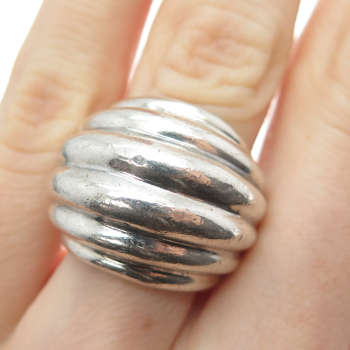 925 Sterling Silver Vintage Mexico Modernist Ribbed Dome Ring Size 5.5
