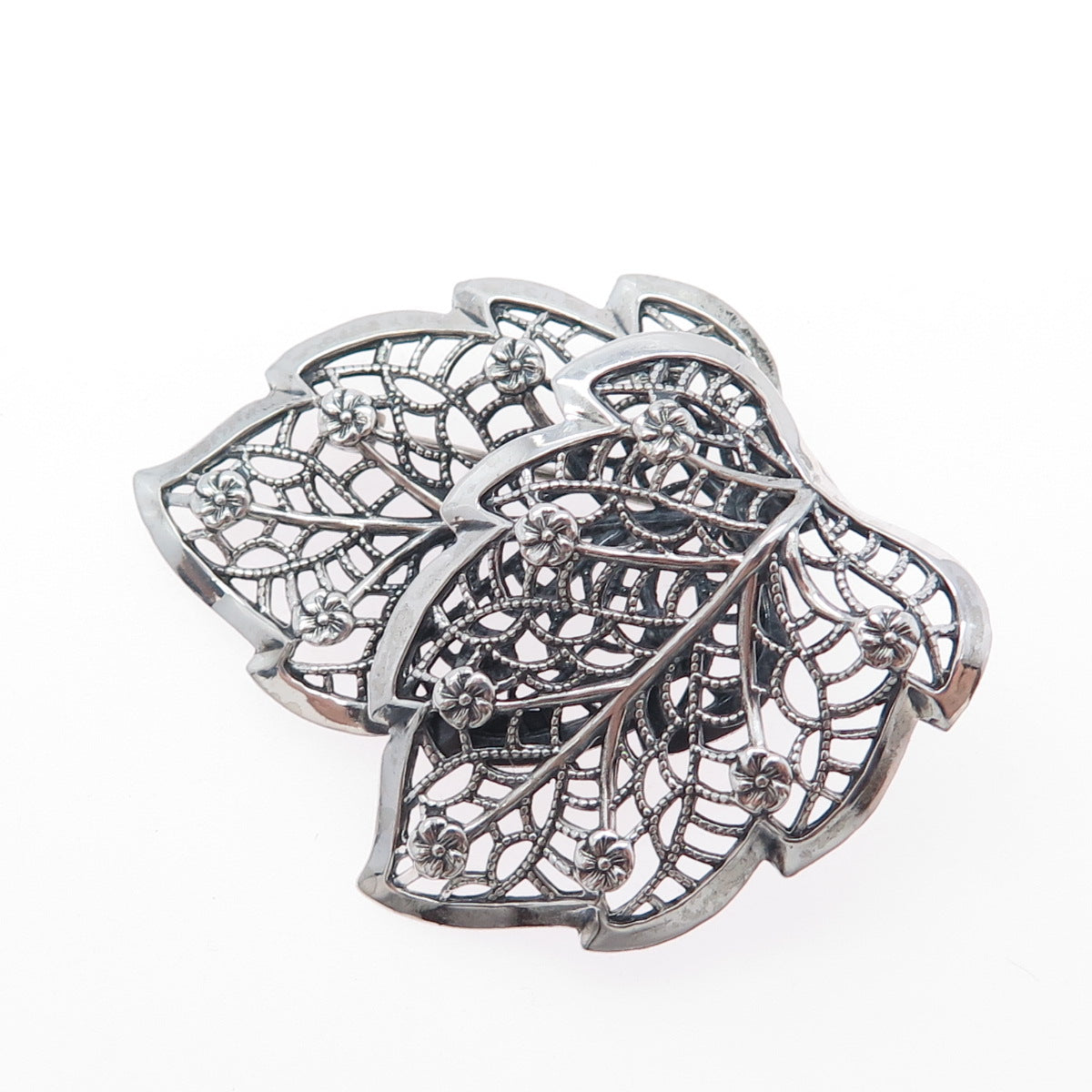 BEAU 925 Sterling Silver Vintage Floral Leaf Filigree Oxidized Pin Brooch