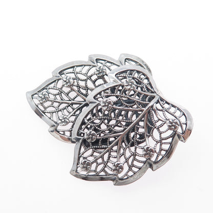 BEAU 925 Sterling Silver Vintage Floral Leaf Filigree Oxidized Pin Brooch