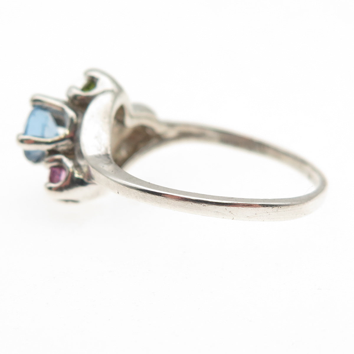 925 Sterling Silver Vintage Real Blue Topaz Amethyst Peridot Bypass Ring Size 7