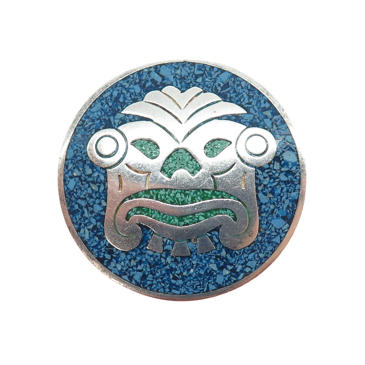 925 Sterling Silver Vintage Mexico Real Turquoise Inlay Aztec God Brooch Pendant