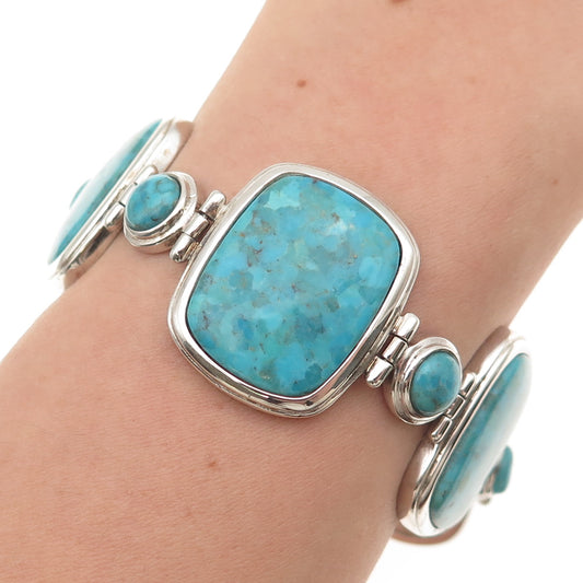 925 Sterling Silver Vintage Real Turquoise Panel Link Bracelet 6.5-7.75"