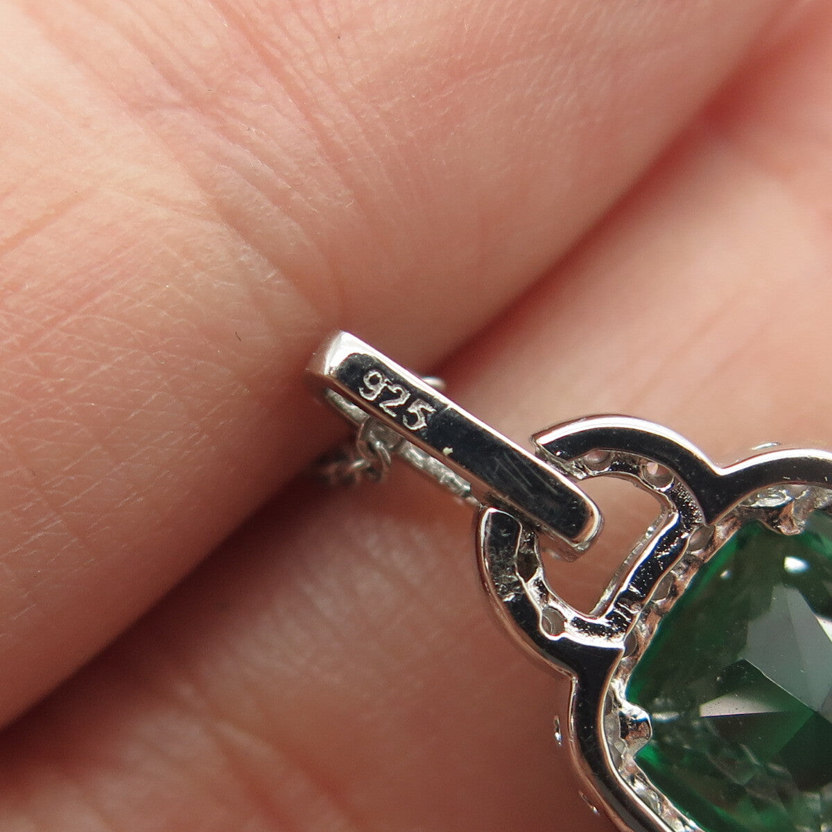 925 Sterling Silver Cushion & Round-Cut Green White C Z Cable Chain Necklace 18"