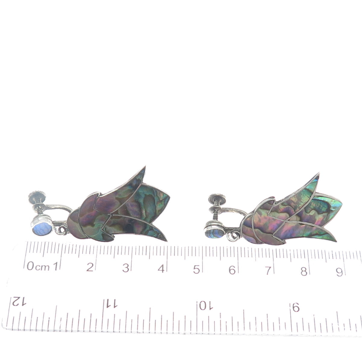 925 Sterling Silver Vintage Mexico Real Abalone Shell Flower Screw Back Earrings