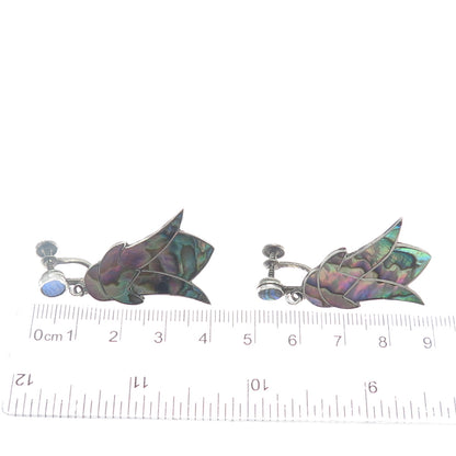 925 Sterling Silver Vintage Mexico Real Abalone Shell Flower Screw Back Earrings