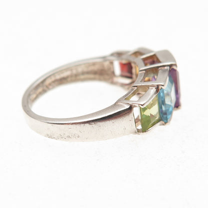 925 Sterling Vintage Real Amethyst Blue Topaz Peridot Citrine Garnet Ring Size 6