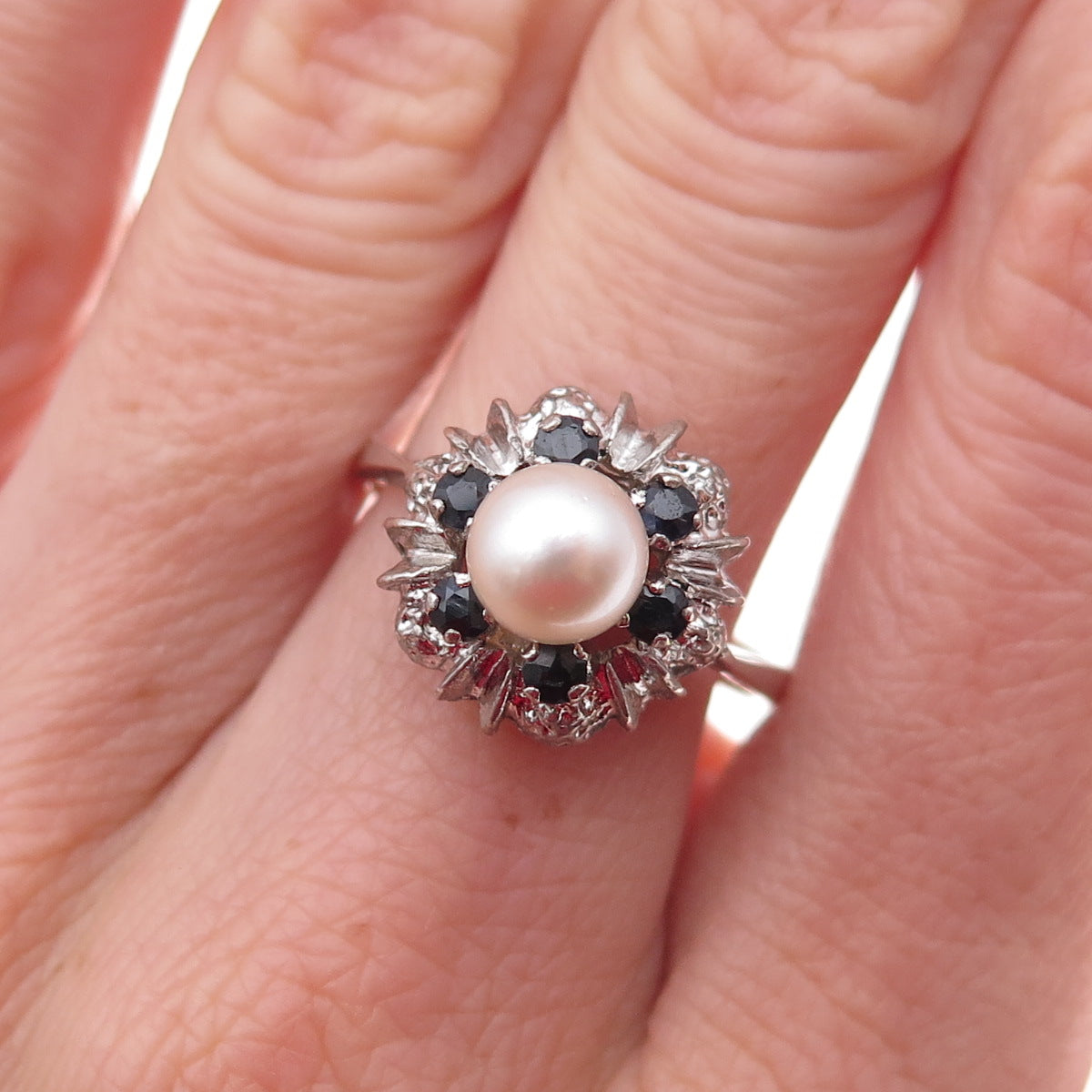 835 Silver Antique Art Deco Real Pearl & Sapphire Bohemian Ring Size 8.25