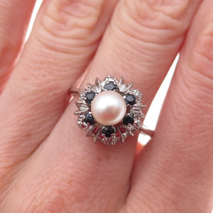 835 Silver Antique Art Deco Real Pearl & Sapphire Bohemian Ring Size 8.25