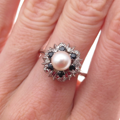 835 Silver Antique Art Deco Real Pearl & Sapphire Bohemian Ring Size 8.25