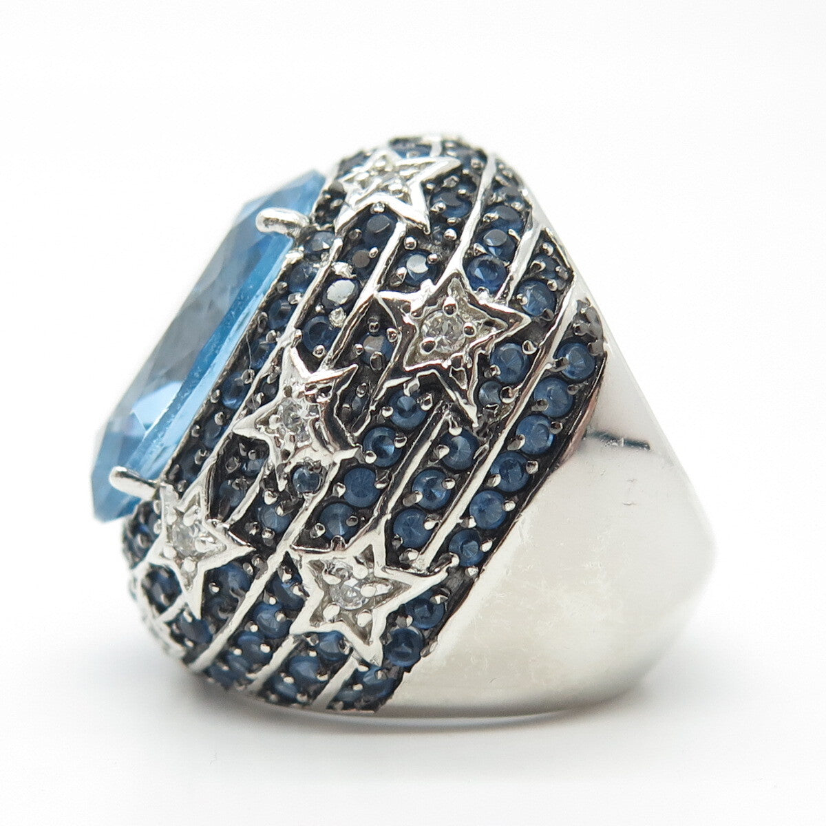 925 Sterling Silver Ocean Blue C Z Wide Ring Size 9.25