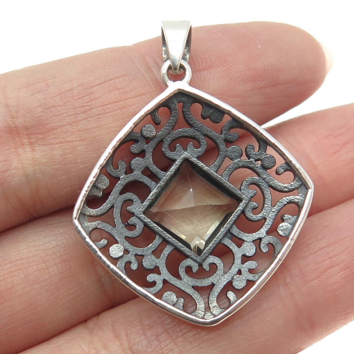925 Sterling Silver Vintage Real Green Amethyst Swirl Cushion Pendant