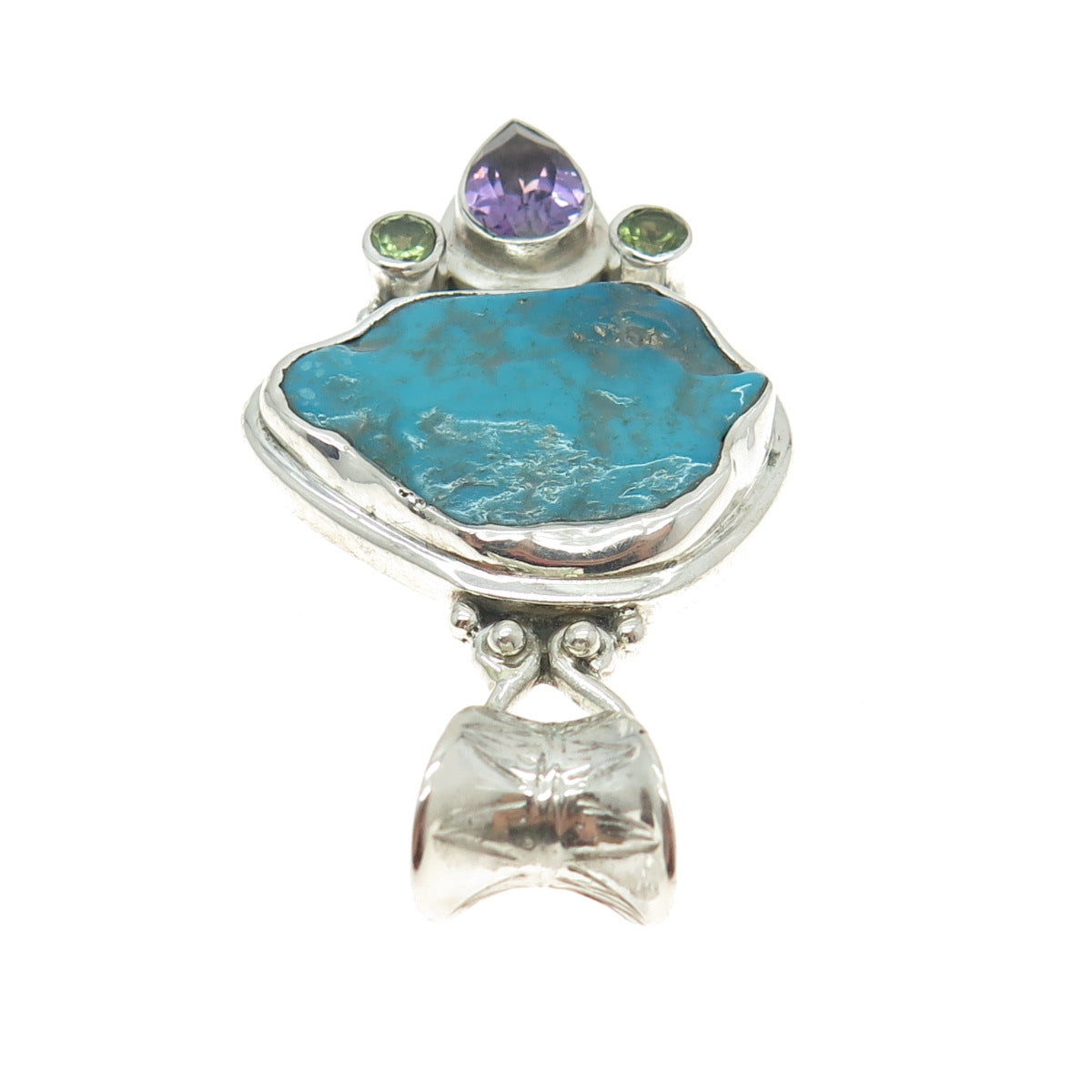 925 Sterling Silver Vintage Real Turquoise Peridot & Amethyst Modernist Pendant