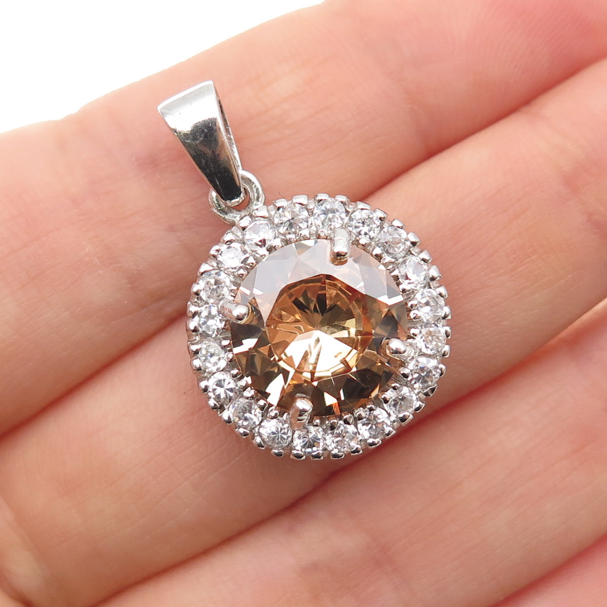 925 Sterling Silver Round-Cut Champagne & White C Z Mini Charm Pendant