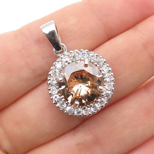 925 Sterling Silver Round-Cut Champagne & White C Z Mini Charm Pendant