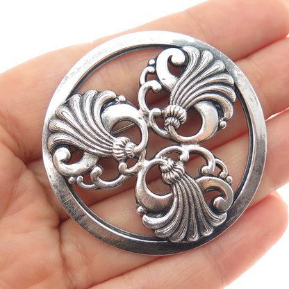 925 Sterling Silver Antique Art Deco Floral Oxidized Pin Brooch