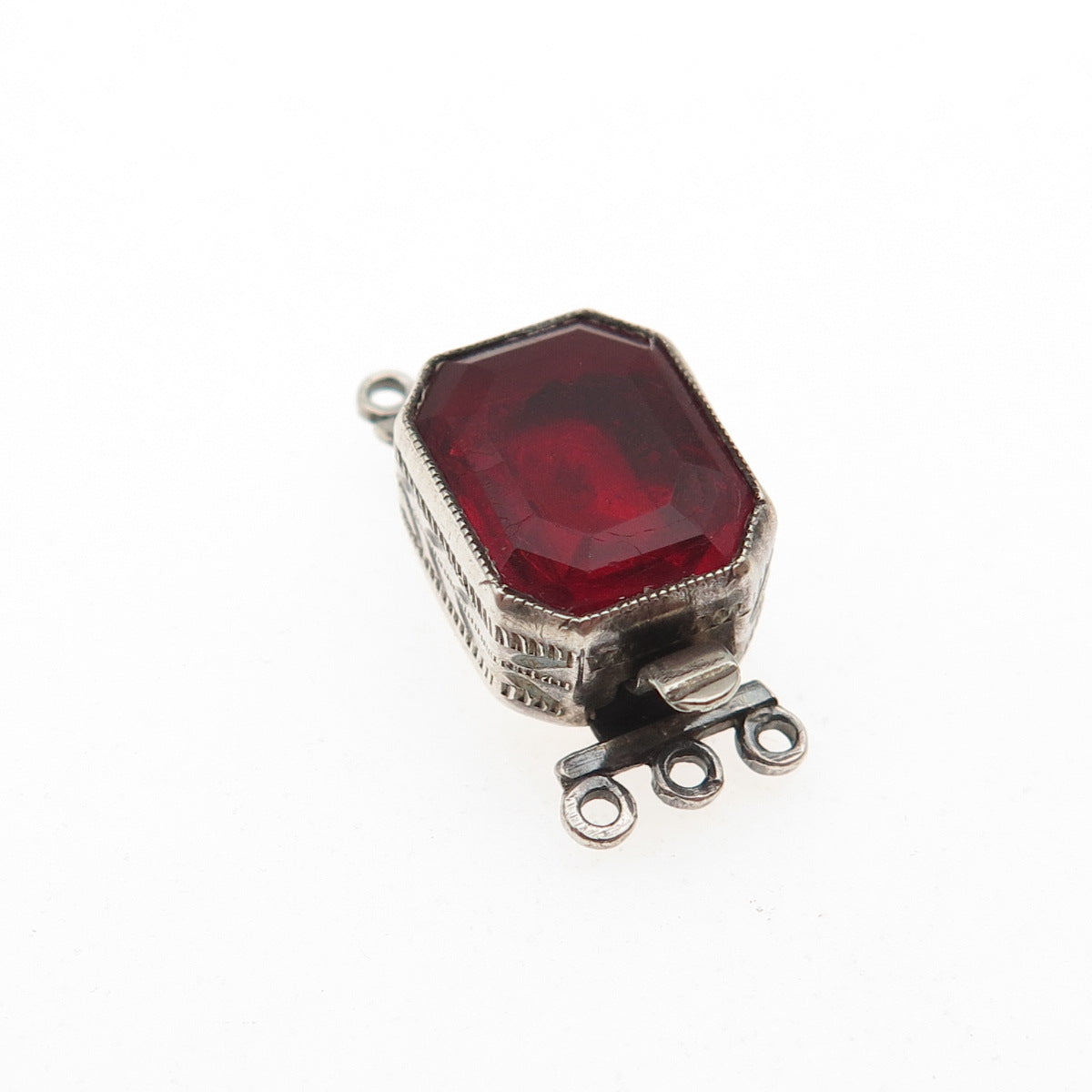 925 Sterling Silver Antique Art Deco Red Rhinestone Bracelet / Necklace Box Lock