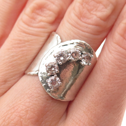 925 Sterling Silver Vintage Round-Cut C Z Modernist Oxidized Ring Size 7.5