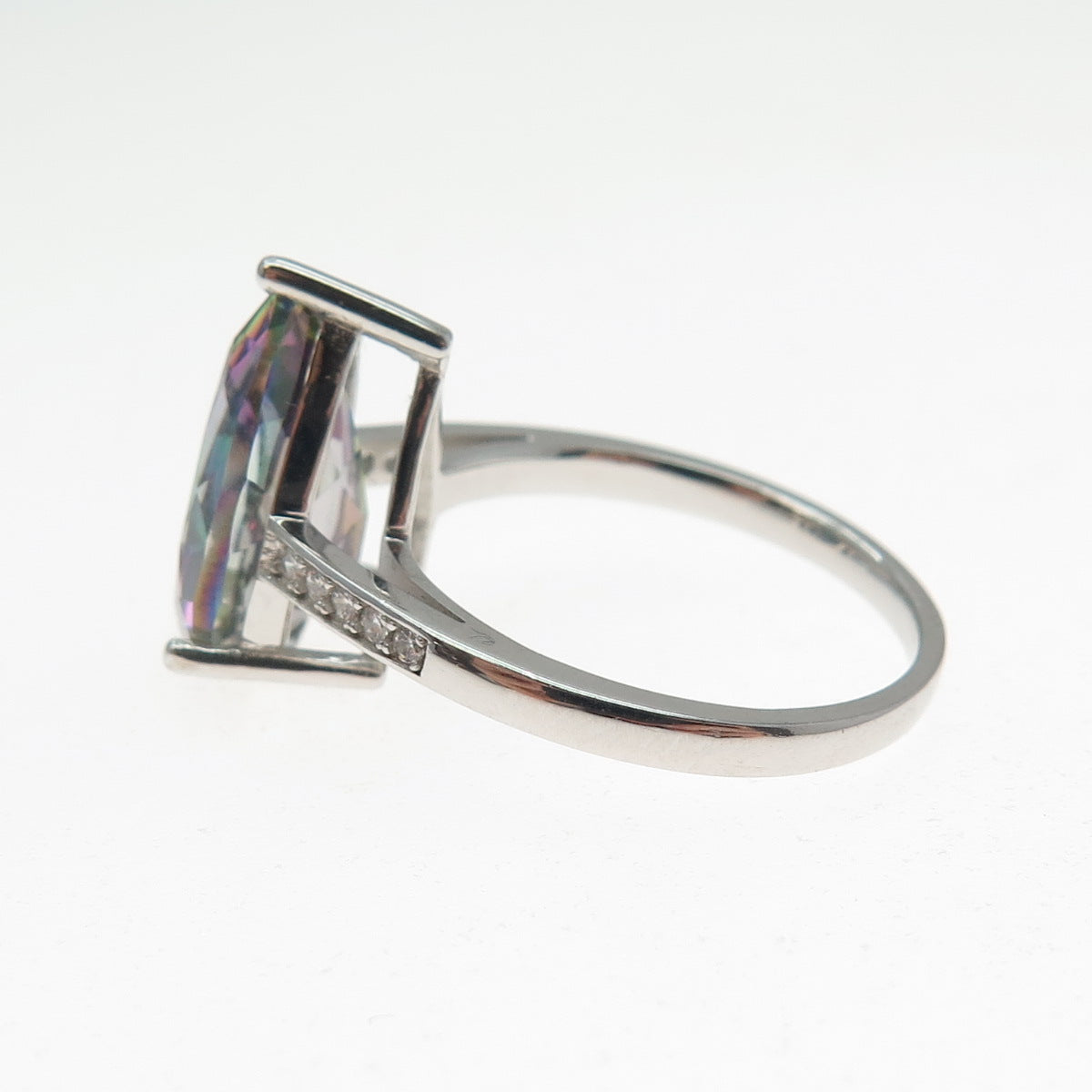 925 Sterling Silver Real Pear-Cut Mystic Quartz & Round-Cut C Z Ring Size 6.75