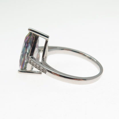925 Sterling Silver Real Pear-Cut Mystic Quartz & Round-Cut C Z Ring Size 6.75
