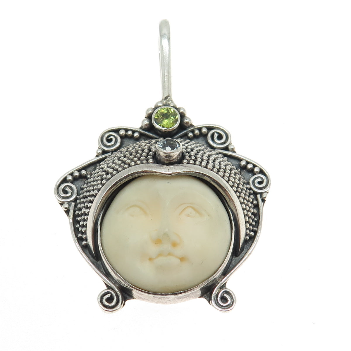 925 Sterling Silver Vintage Real Peridot Topaz Carved MOP Moon Goddess Pendant