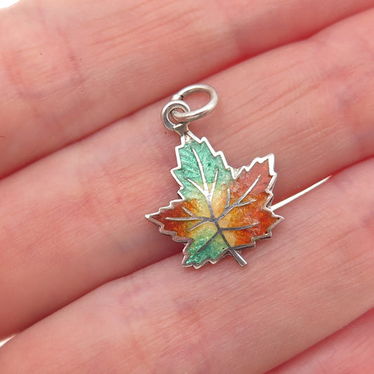 C. Lamond Fils Sterling Silver Antique Art Deco Enamel Maple Leaf Mini Pendant