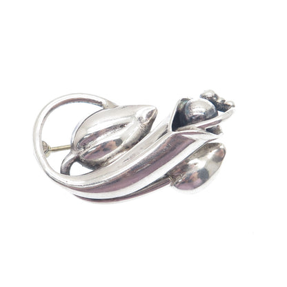 925 Sterling Silver Vintage Modernist Flower Oxidized Pin Brooch
