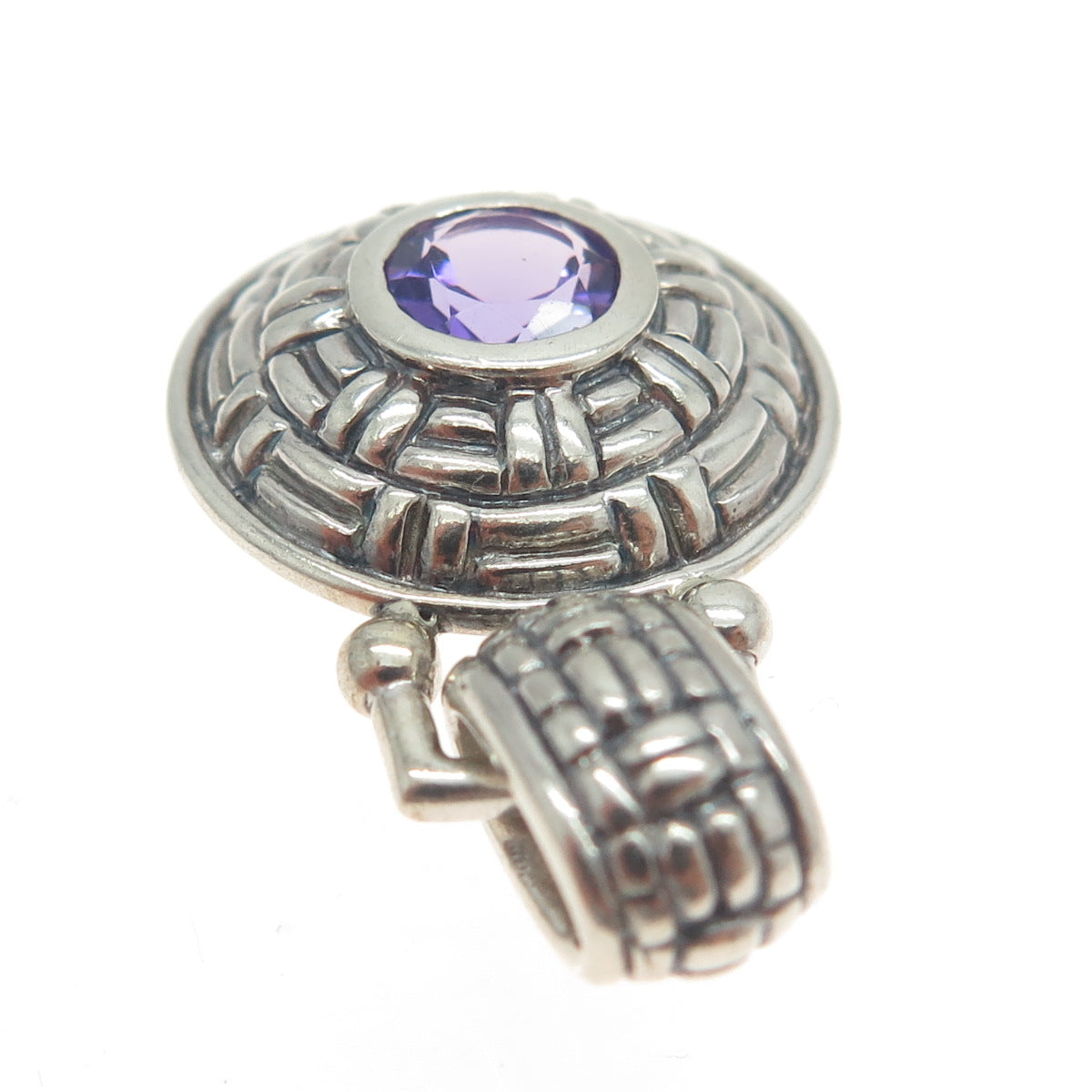 925 Sterling Silver Vintage Real Amethyst Gemstone Wicker Pendant