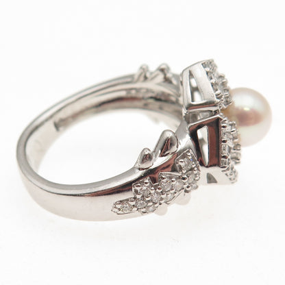 925 Sterling Silver Real Diamond & Pearl Floral Ring Size 10.25
