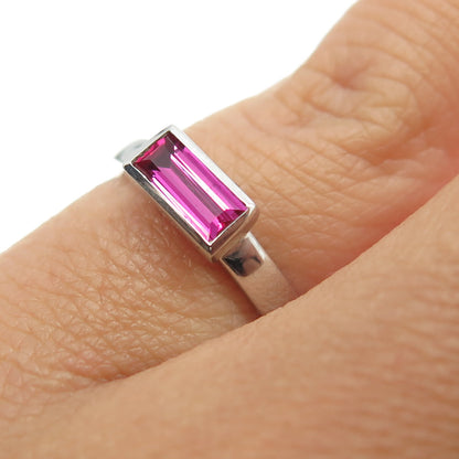 925 Sterling Silver Baguette-Cut Lab-Created Pink Sapphire Ring Size 4.75