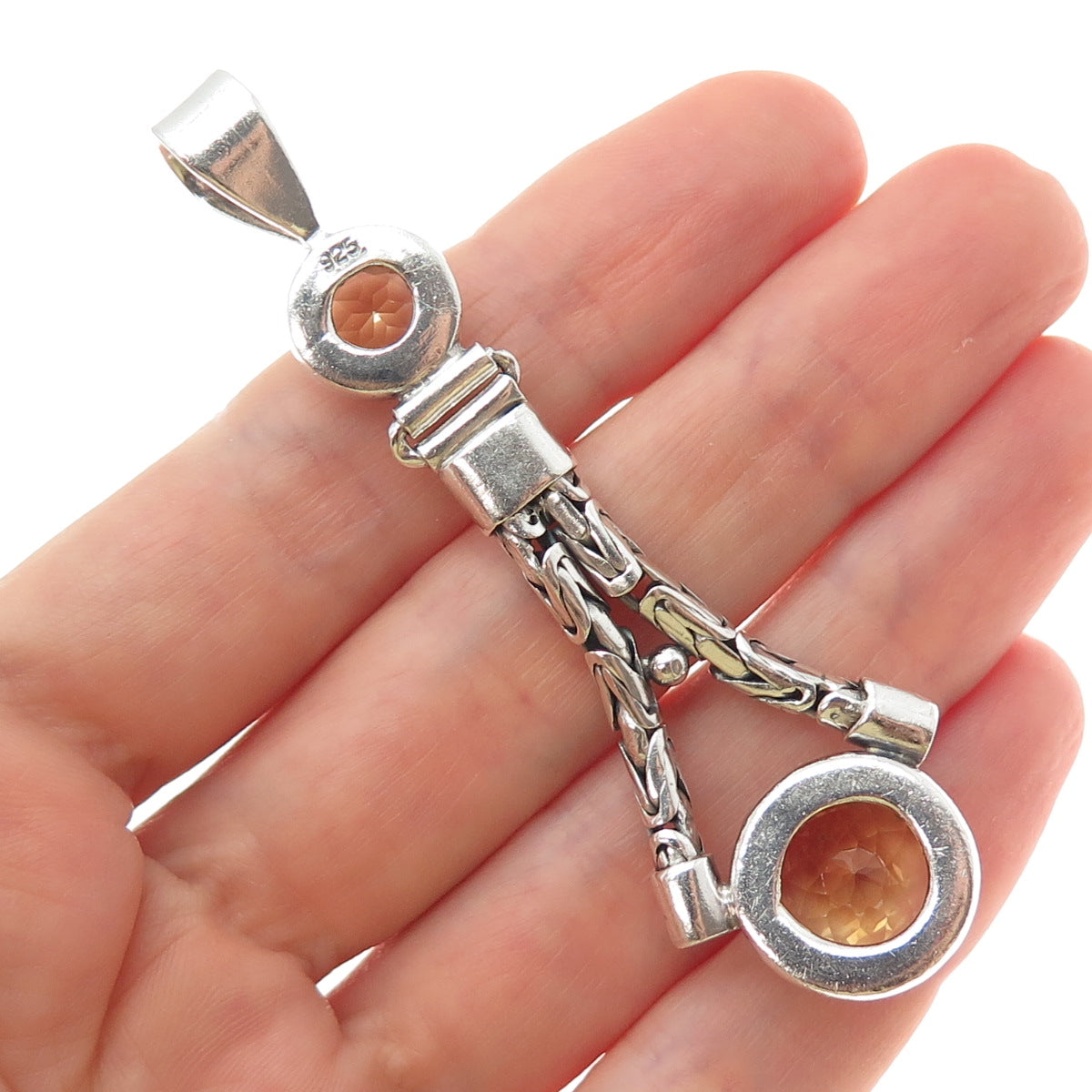 925 Sterling Silver Vintage Real Citrine Byzantine Link Modernist Pendant