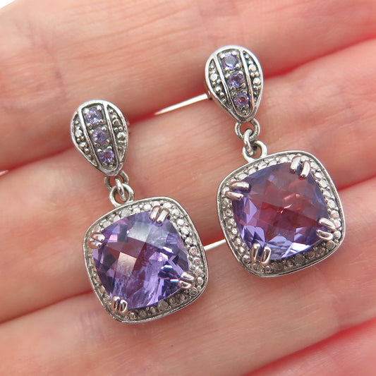 925 Sterling Silver Real Diamond Accent & Amethyst Dangle Earrings