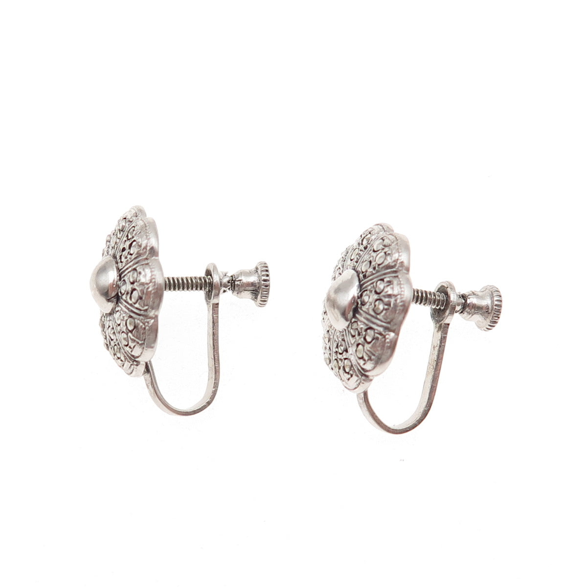 925 Sterling Silver Antique Art Deco Real Marcasite Floral Screw Back Earrings