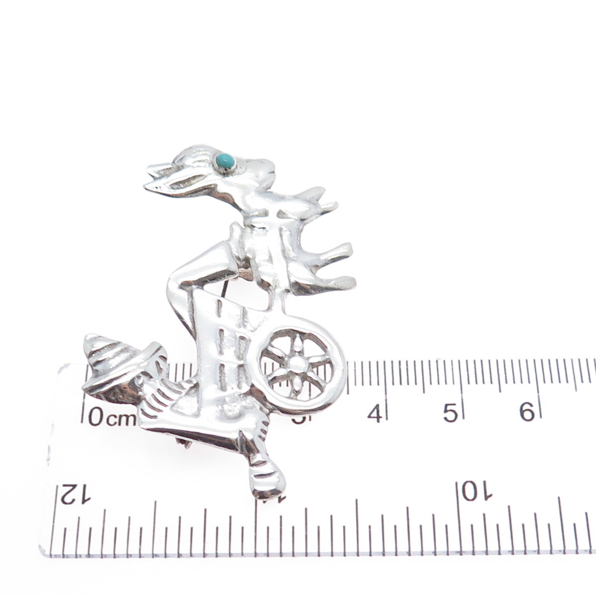 925 Sterling Silver Vintage Mexico Turquoise Sombrero Donkey Cart Pin Brooch