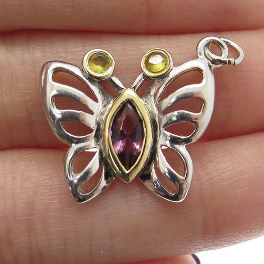 925 Sterling Silver 2-Tone Real Amethyst & Citrine Gemstone Butterfly Pendant