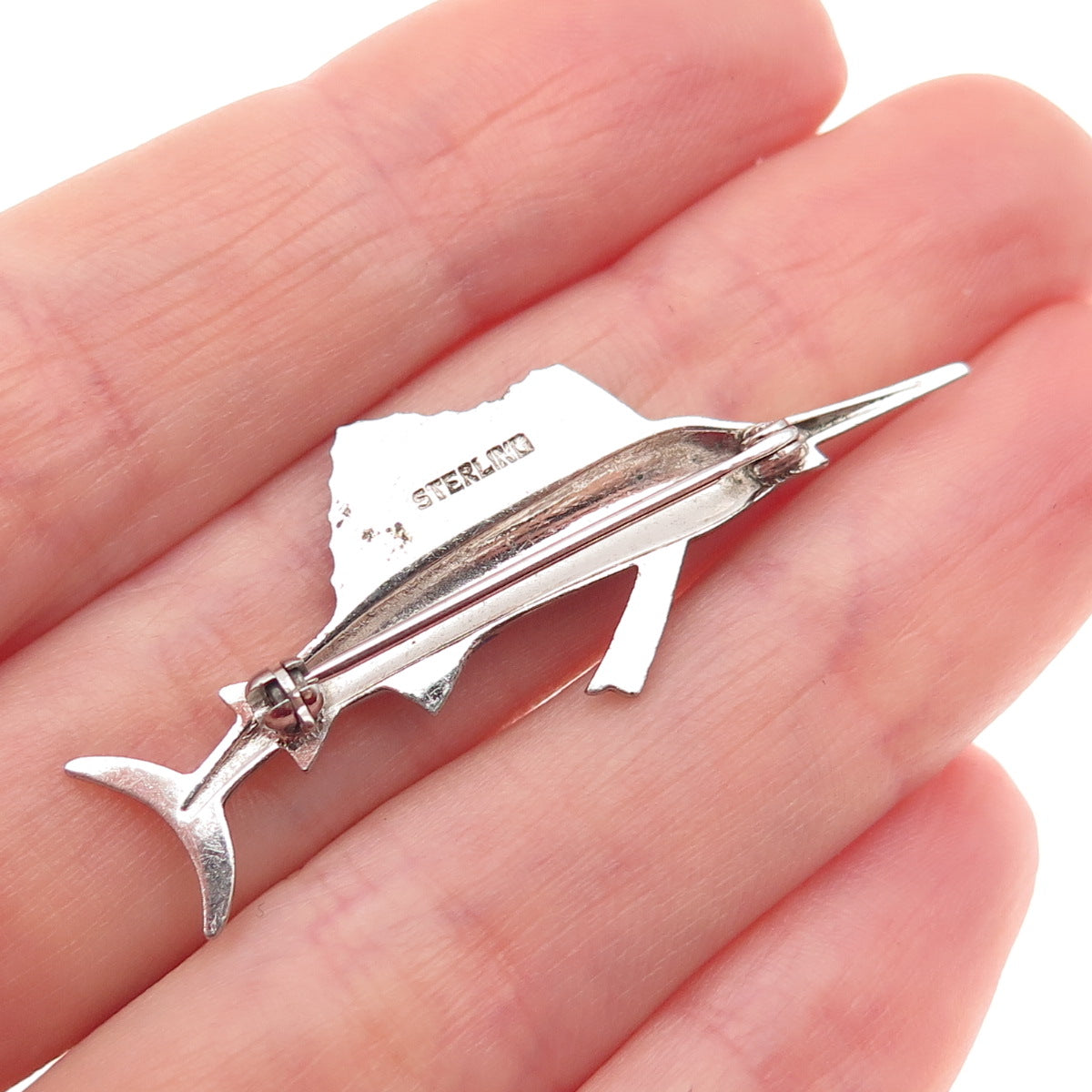 925 Sterling Antique Enamel & Rhinestone Swordfish Pin Brooch (missing 2 stones)