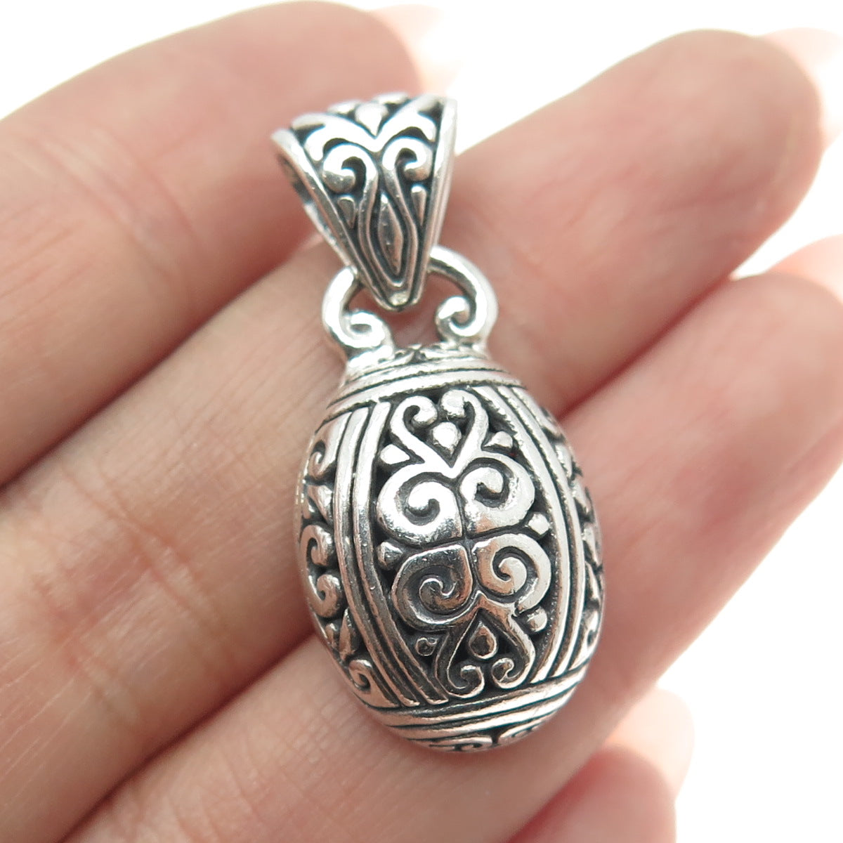 NK SILVER 925 Sterling Vintage Ornate Oval Dome Pendant