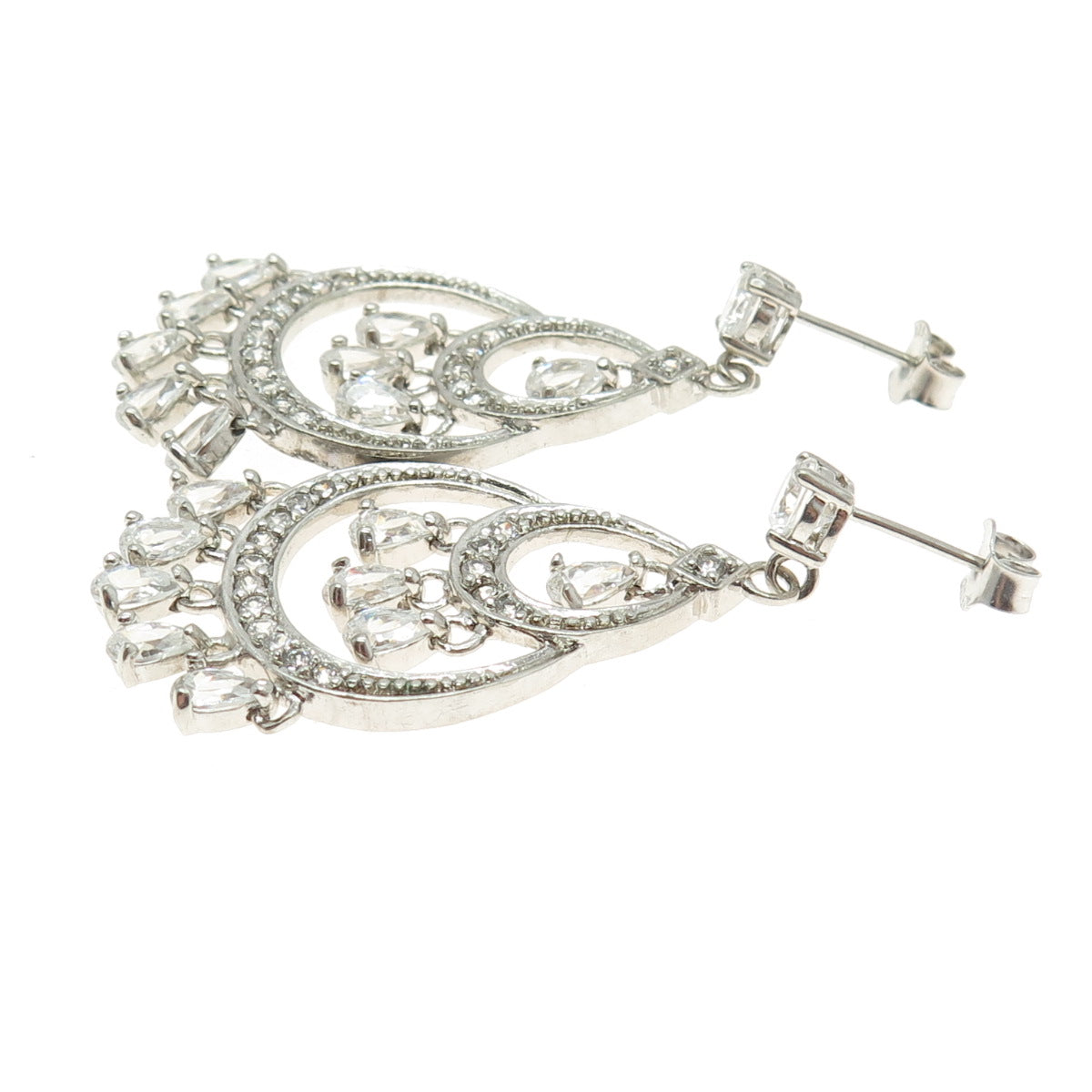 925 Sterling Silver Round-Cut & Pear-Cut Shaped C Z Chandelier Earrings