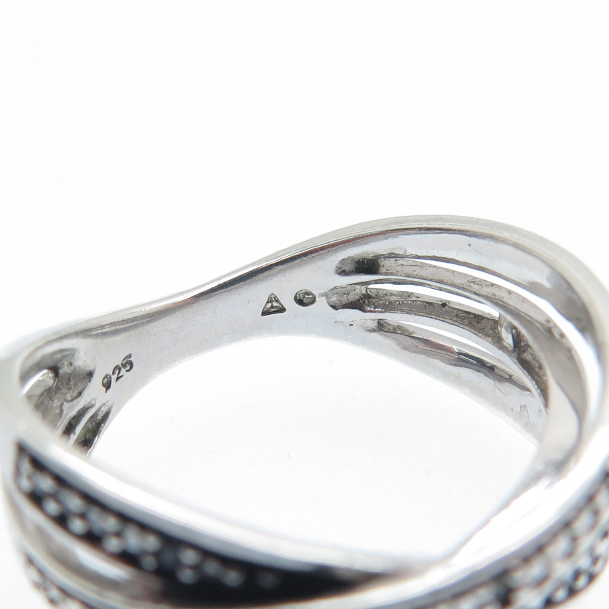 925 Sterling Silver Real Round-Cut Black & White Diamond Crisscross Ring Size 7