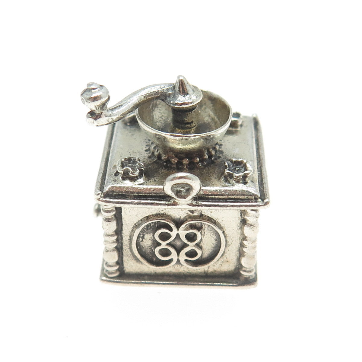 BEAU 925 Sterling Silver Antique Art Deco Coffee Grinder 3D Pendant