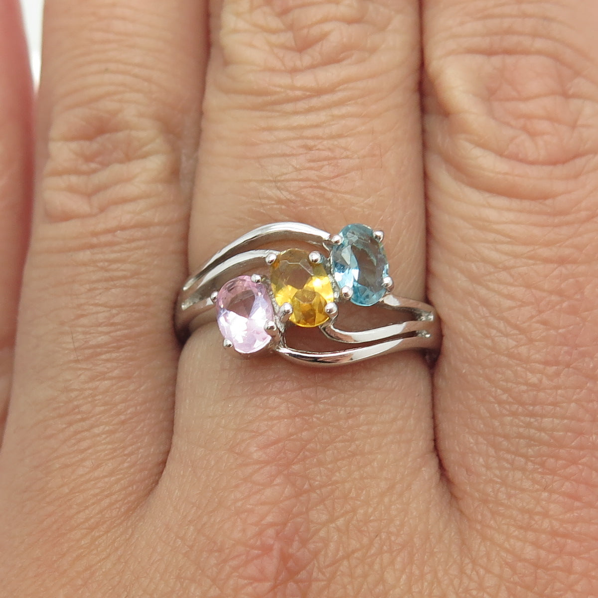 925 Sterling Silver Pink Amethyst Blue Topaz & Citrine Gemstone Ring Size 8.25