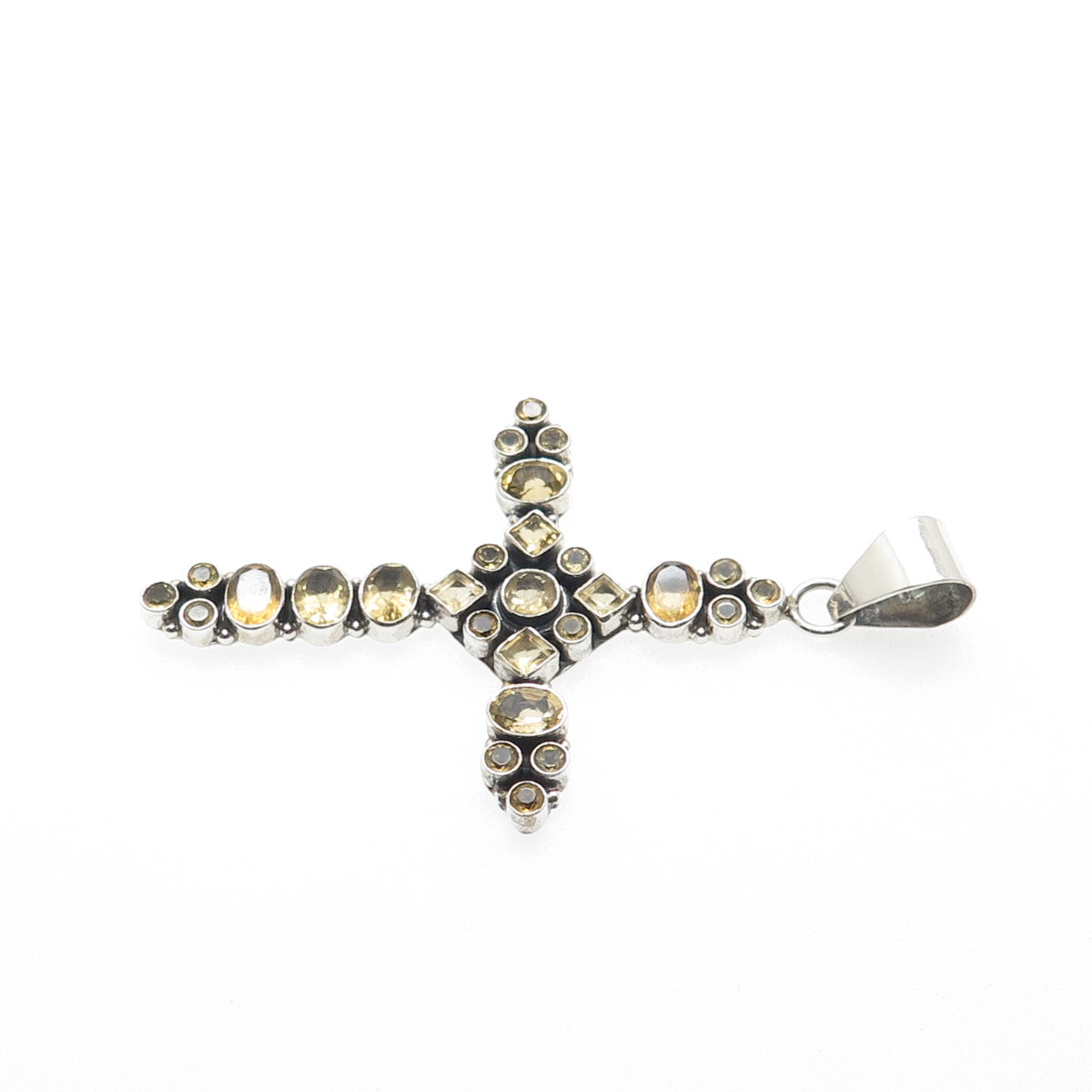925 Sterling Silver Vintage Real Multi-Cut Citrine Cluster Cross Pendant